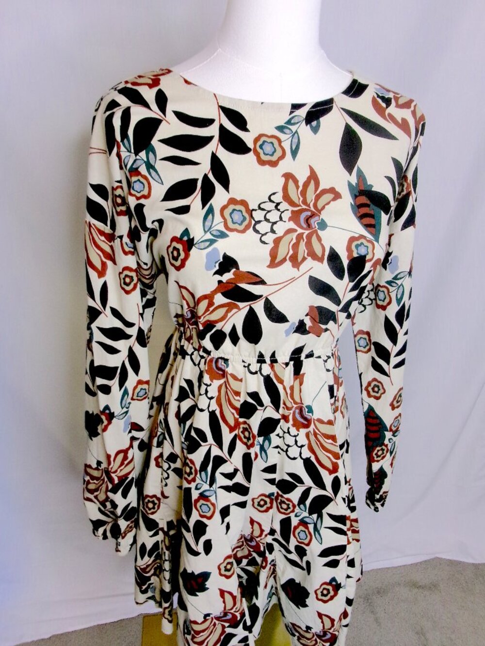 Vestique Floral Cotton Mini Dress Boho Cottagecore Long Sleeve Size L
